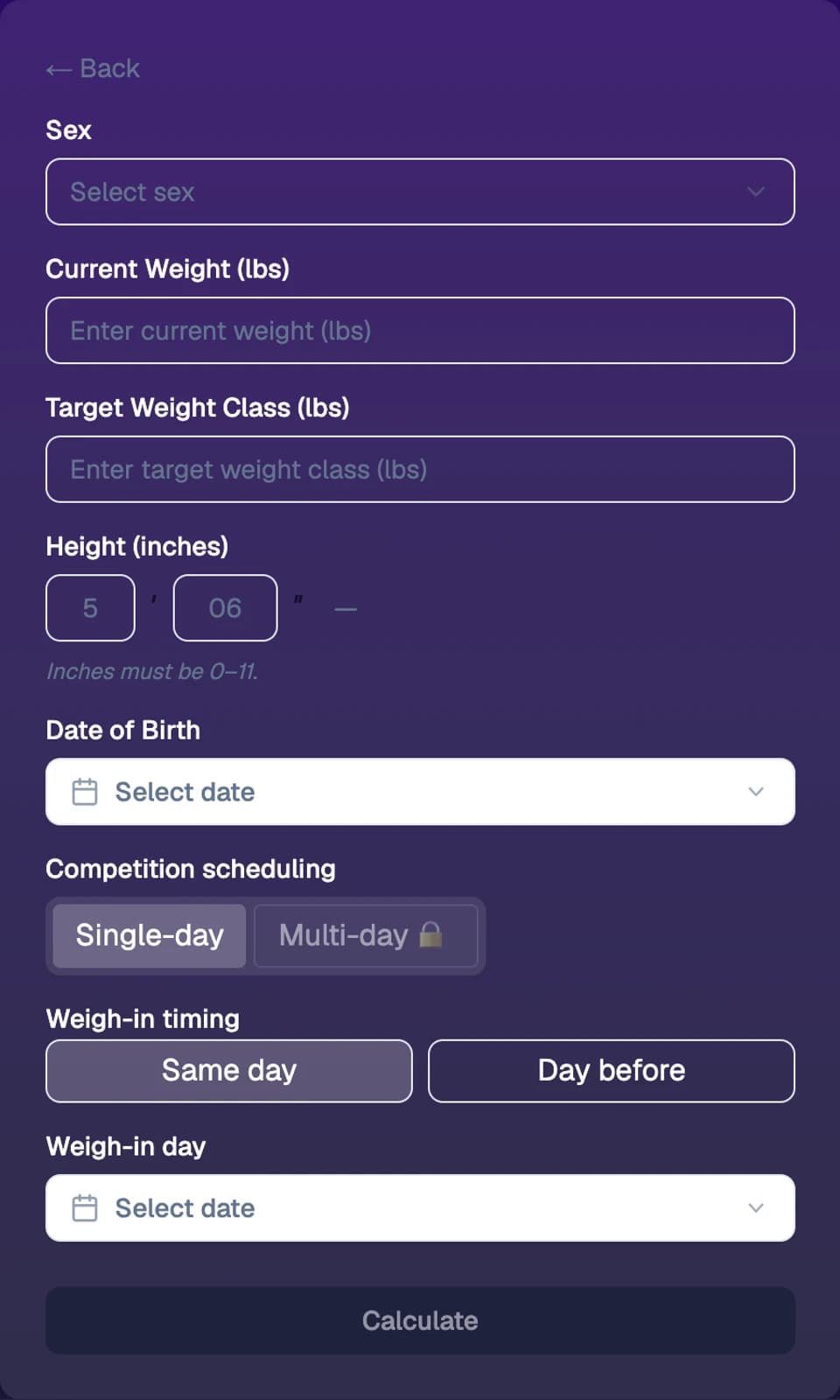Combat sports calculator form with weight, weight class, height, date of birth, and weigh-in timing fields