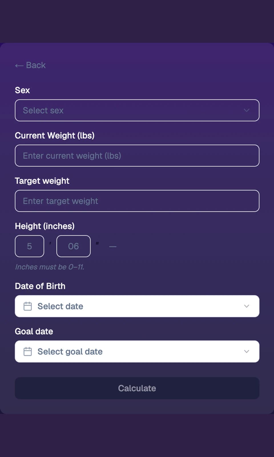 Lifestyle calculator form with weight loss or gain goals, body measurements, and target date fields